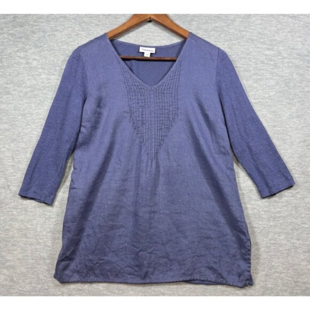 J. Jill Blue V-Neck Tunic Top XS 100% Linen‎ 3/4 Sleeves Textured Front